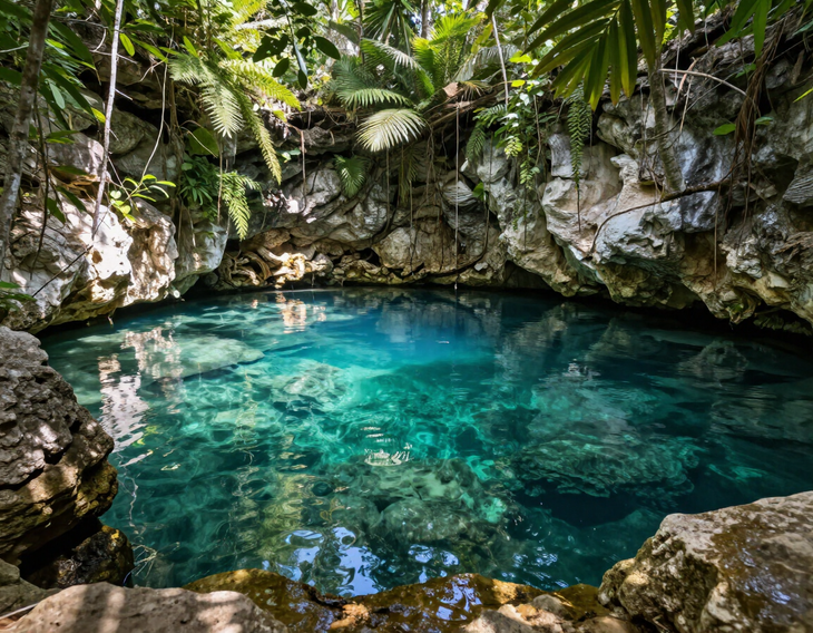 Tropical cenote with clear turquoise water surrounded by rocky walls and lush greenery