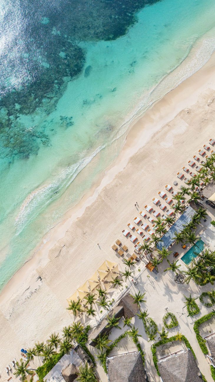 Aerial view of turquoise ocean meeting a sandy beach with palm trees and resort umbrellas