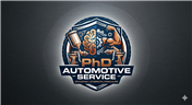 Automotive service logo with wrench and engine inside a blue hexagon on a dark background