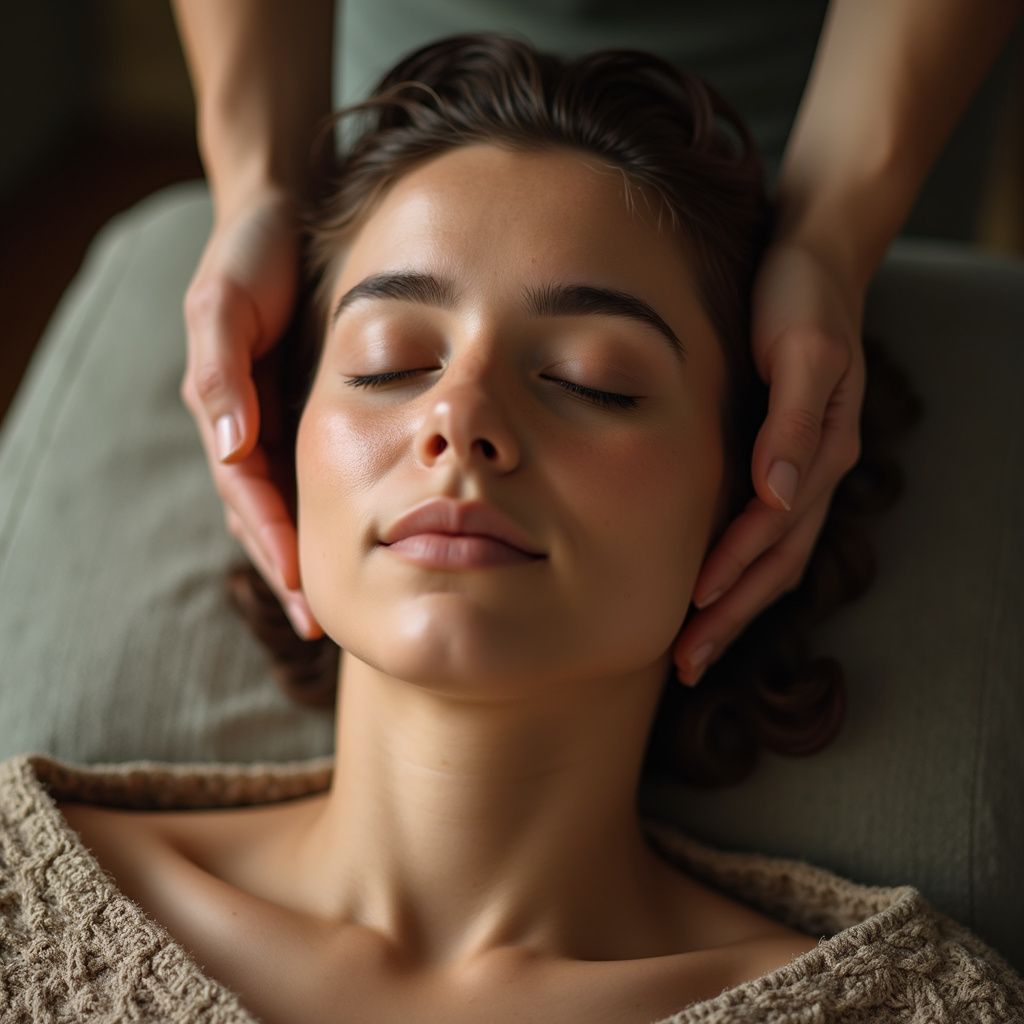 Femme recevant un massage du visage, yeux fermés, mains sur les joues, à l'intérieur.