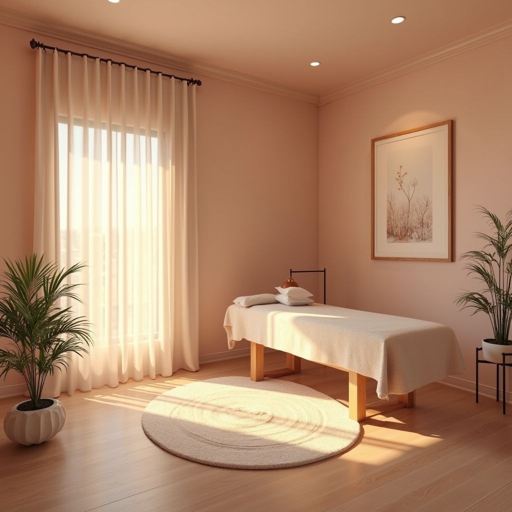 Salle de massage avec lumière filtrant à travers les rideaux, table de massage, œuvres d'art, plantes et tapis.