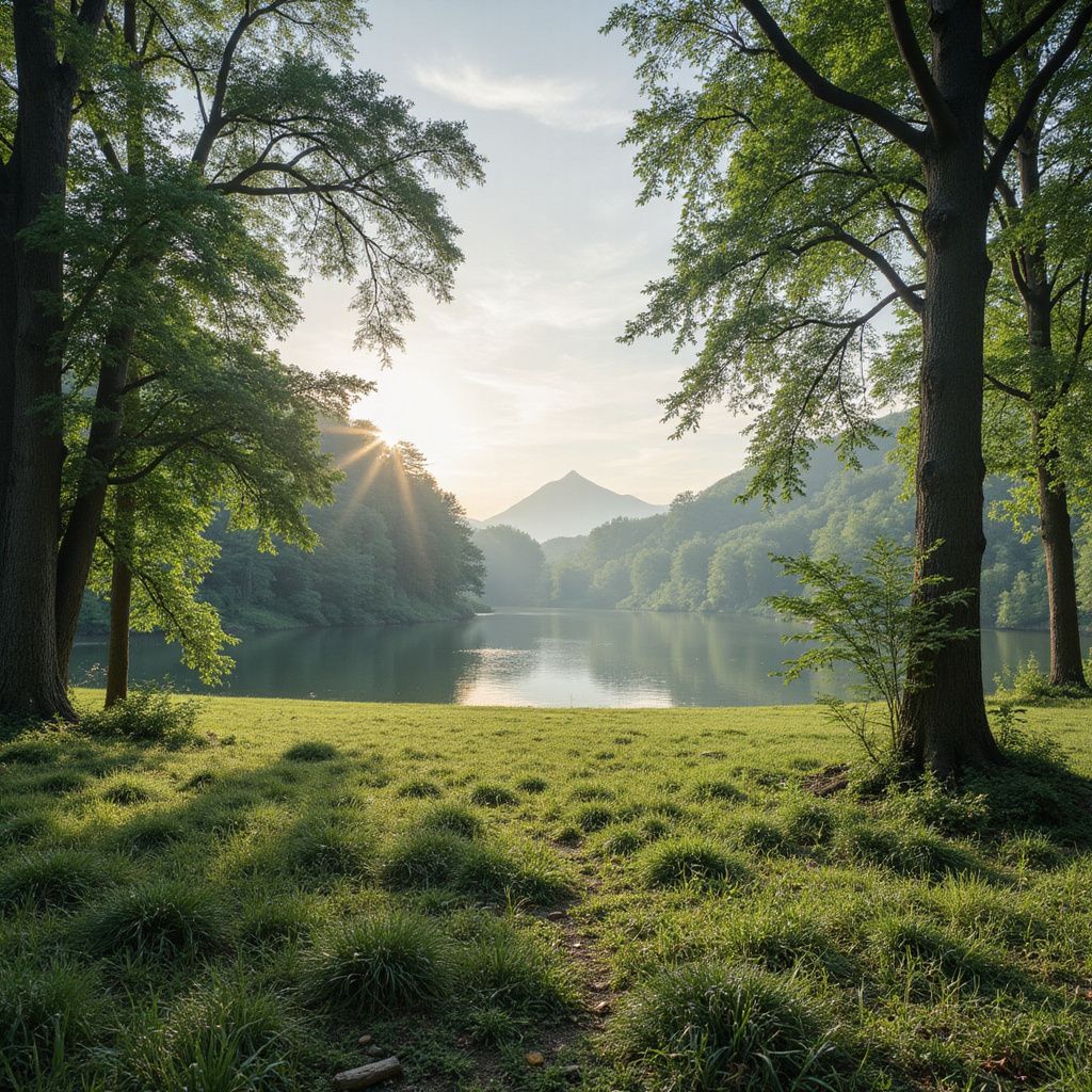 Une prairie verdoyante mène à un lac serein, bordé d'arbres. Le soleil filtre à travers les arbres, illuminant les collines au loin.