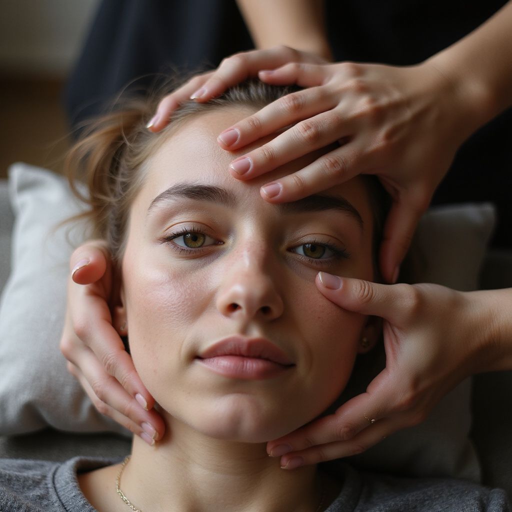 Femme recevant un massage du visage ; mains sur le front, les joues.