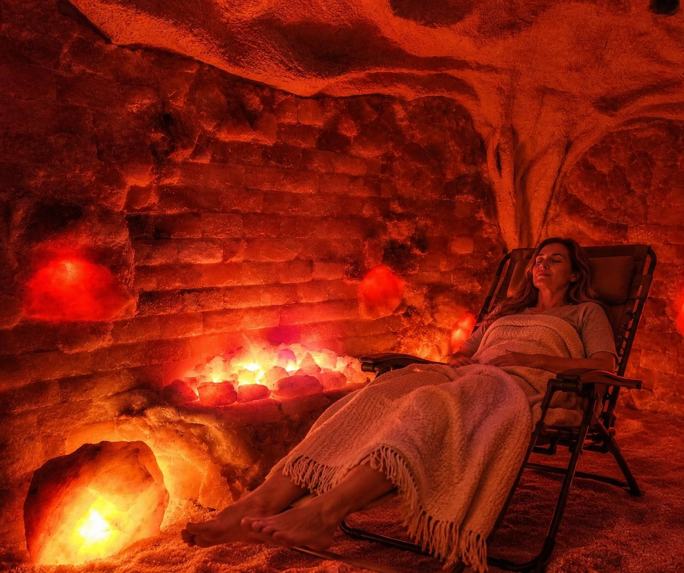 Person resting on a lounge chair in a red-lit cave spa with glowing rocks and a blanket covering them