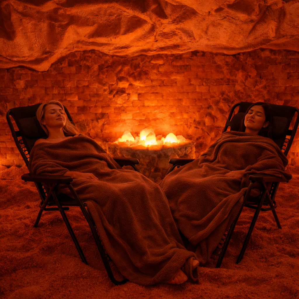 Two people relaxing in a salt cave, wrapped in blankets. Warm orange lighting.
