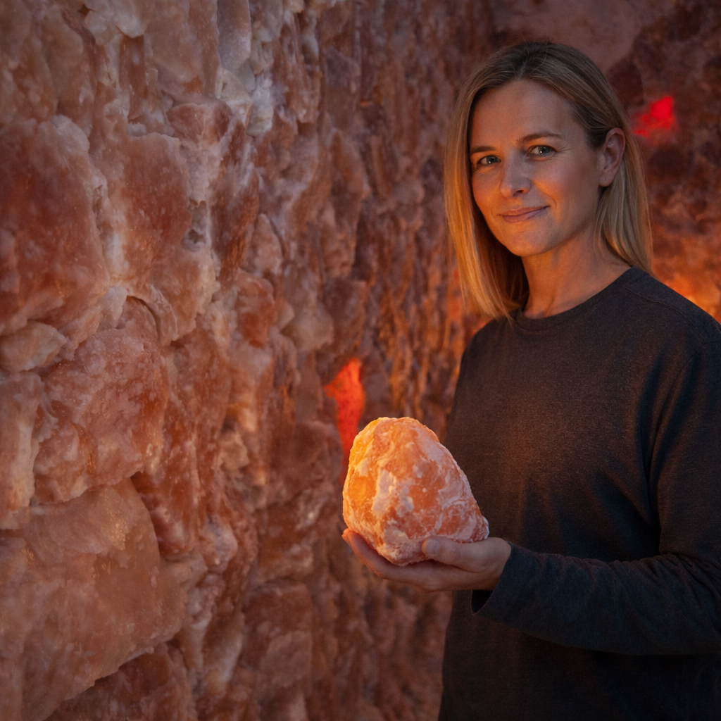 Woman holds a lit pink Himalayan salt lamp inside a salt cave.