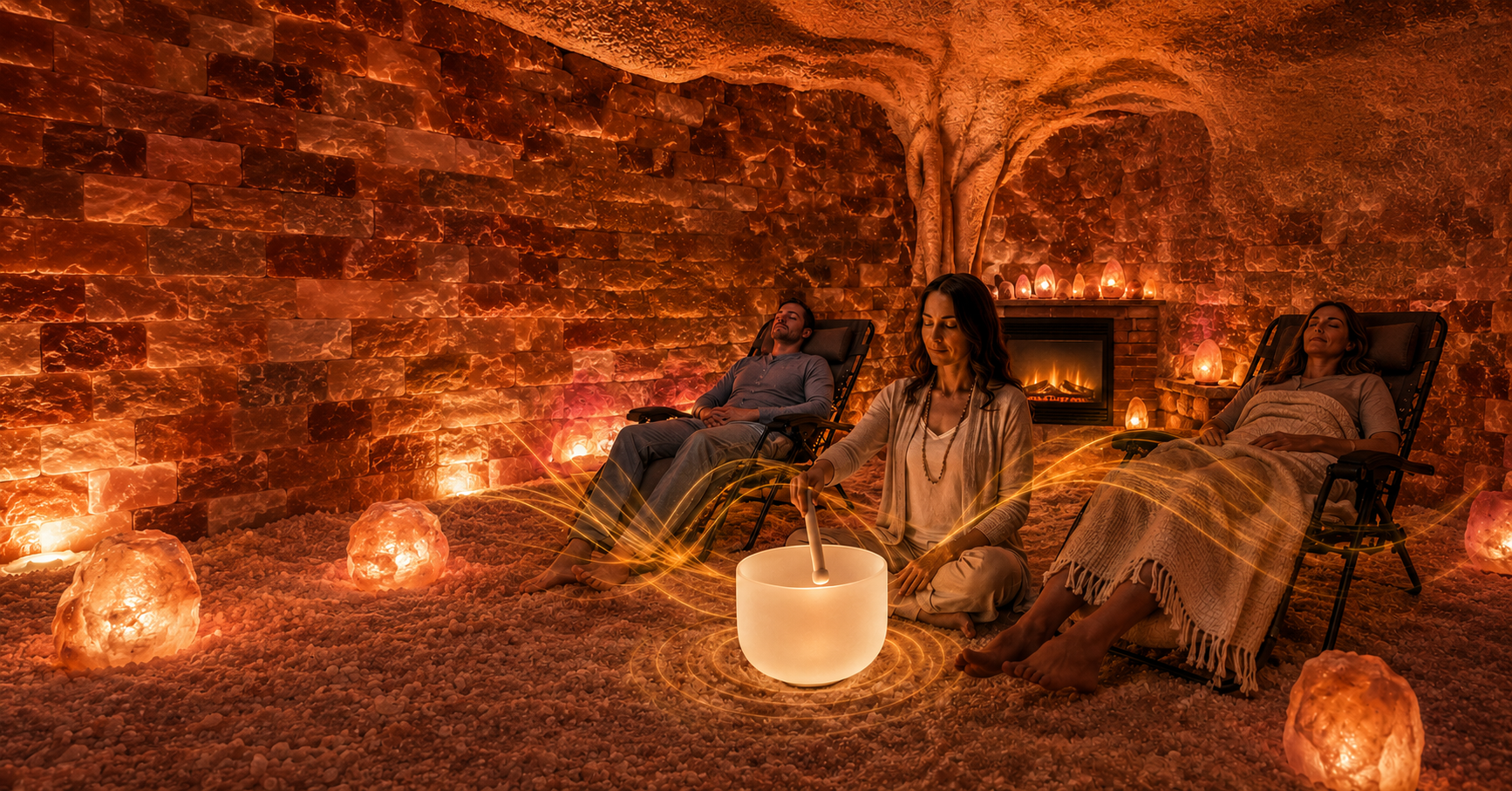 People reclining in orange-lit cave lounge with glowing lanterns and a drink on the ground