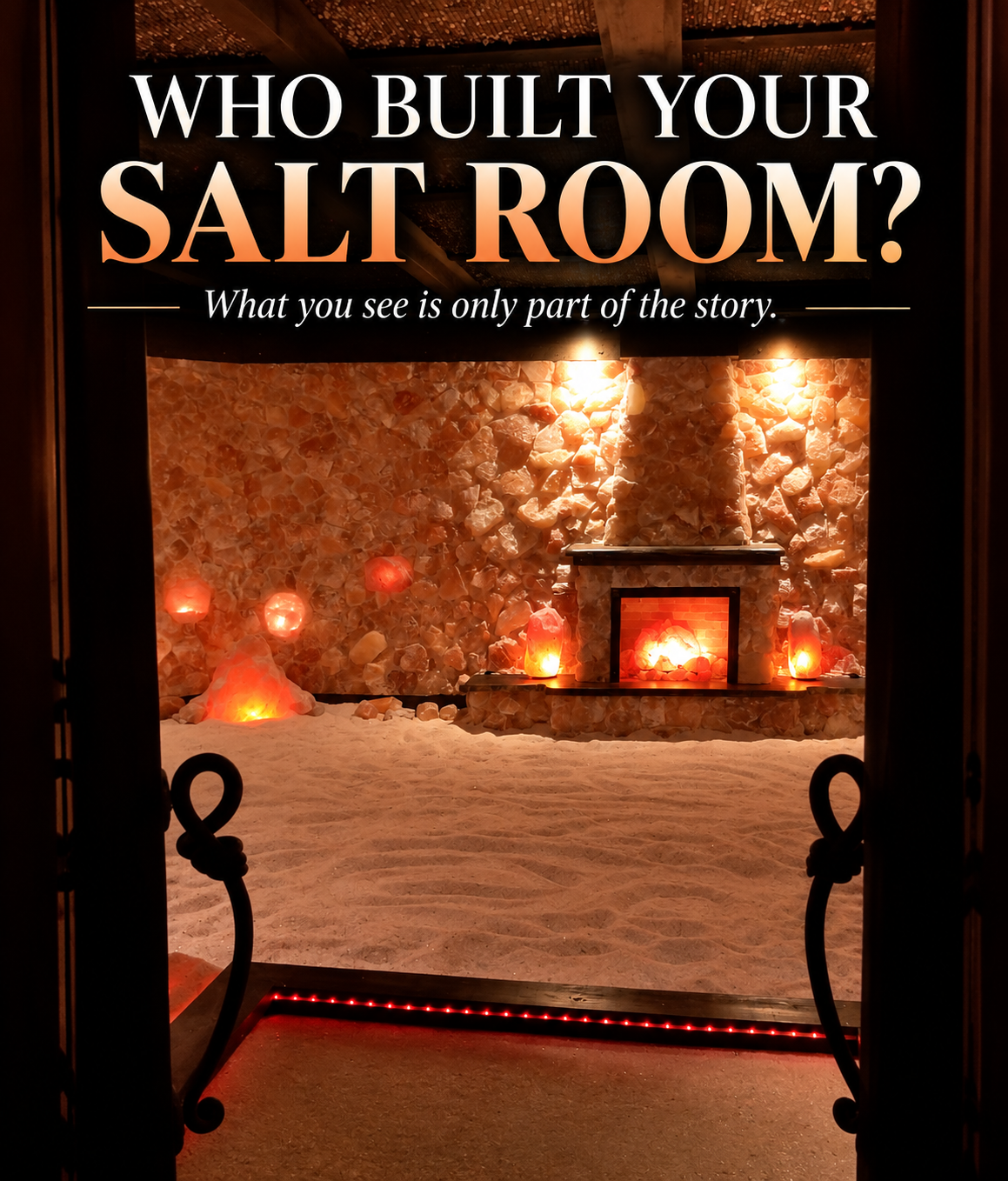 Text ad for a warm-lit salt room with candles, stone walls, and a fireplace; asks, “Who built your salt room?”