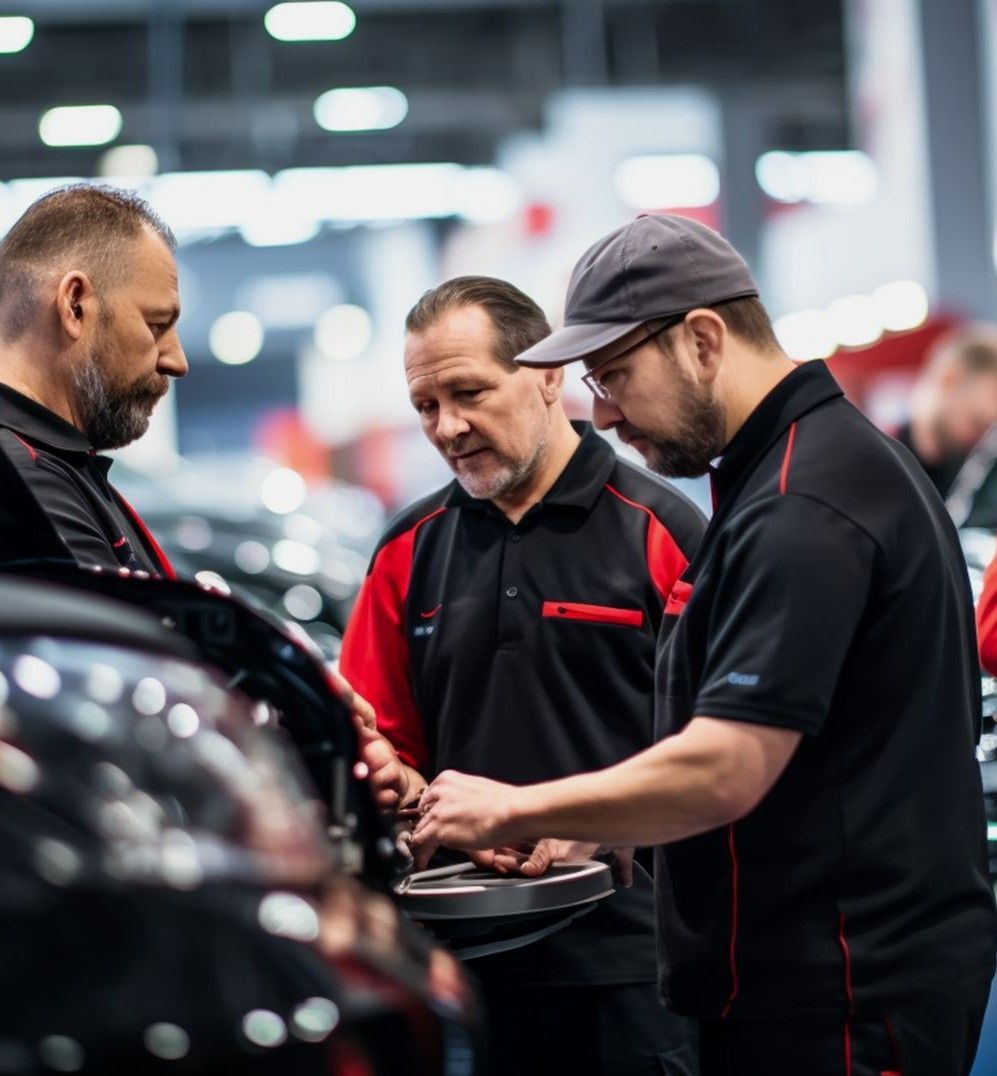 Un grupo de hombres está trabajando en un coche en un garaje.