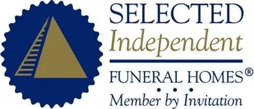 Selected Independent Funeral Homes logo with blue seal and gold triangle, black and gold text