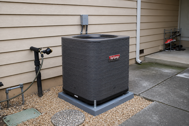 Outdoor HVAC unit beside house siding on a concrete patio with gravel border and a nearby spigot and hose.