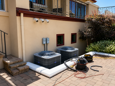 Two outdoor HVAC units beside a beige house, with tools and hoses on a paved patio.