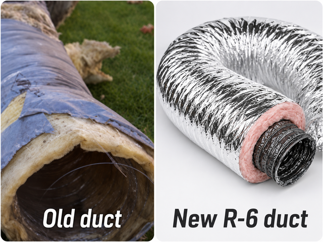 Old duct beside new silver R-6 flexible duct, showing insulation improvement