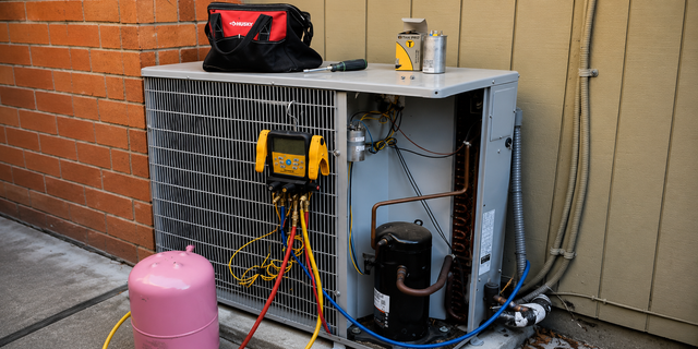 Outdoor HVAC unit with exposed wiring and tools beside a brick wall, next to a pink container