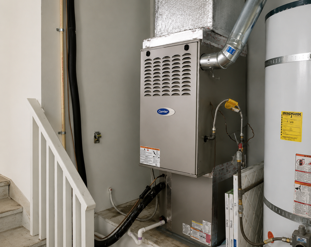 Basement furnace beside stairs and water heater, with metal venting and pipes.