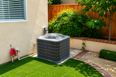 Outdoor air conditioner unit beside a stucco house, with green lawn, patio, and wooden fence nearby