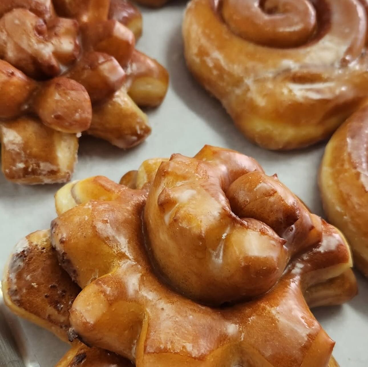 Close-up of glazed donuts and a cinnamon roll on a tray.