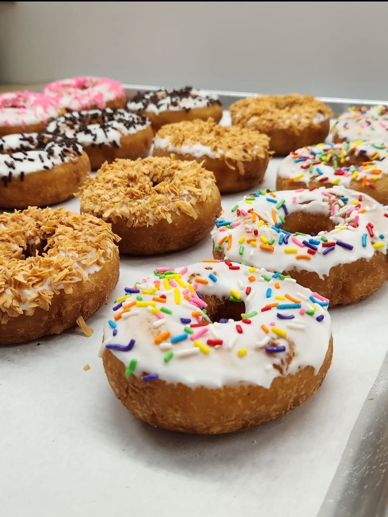 Close-up of a tray of glazed donuts with various toppings like sprinkles and coconut.