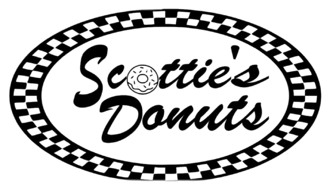 Logo for Scottie's Donuts: Black and white oval with "Scottie's Donuts" and a donut icon inside, framed by a checkerboard border.