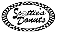 Logo for Scottie's Donuts: Black and white oval with "Scottie's Donuts" and a donut icon inside, framed by a checkerboard border.