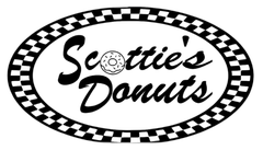 Logo for Scottie's Donuts: Black and white oval with "Scottie's Donuts" and a donut icon inside, framed by a checkerboard border.