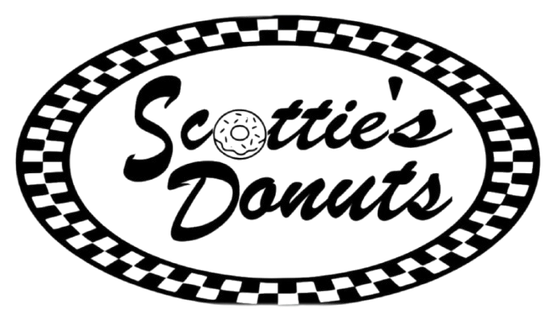 Logo for Scottie's Donuts: Black and white oval with "Scottie's Donuts" and a donut icon inside, framed by a checkerboard border.