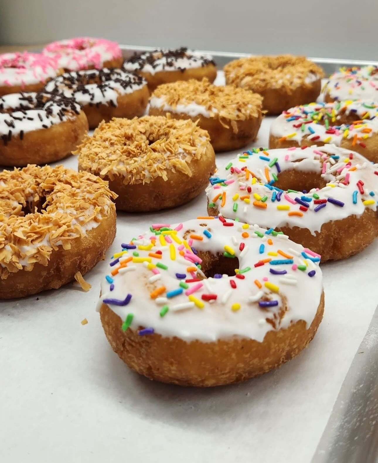Tray of assorted donuts with various toppings, including sprinkles, chocolate sprinkles, and coconut flakes.