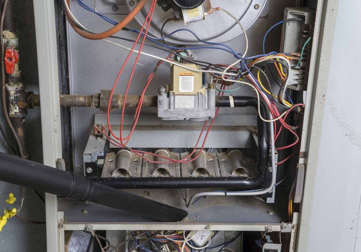 Open view of a furnace interior showing wires, gas valve, burner tubes, and air intake.