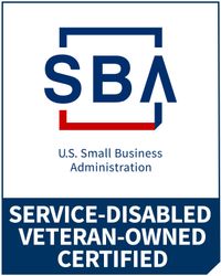 SBA logo: Service-Disabled Veteran-Owned Certified in blue and white, with red accent.