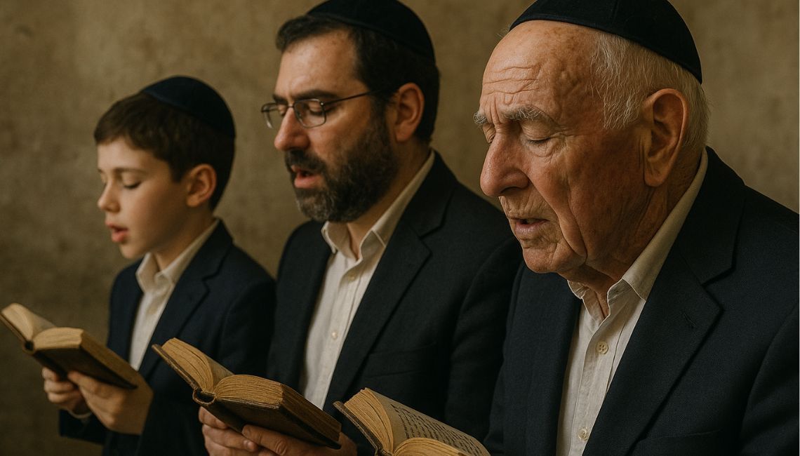 Tres generaciones (niño, adulto y anciano) con kipá rezan en una sinagoga, sosteniendo libros de oración; luz cálida y gesto solemne que sugiere continuidad y memoria.