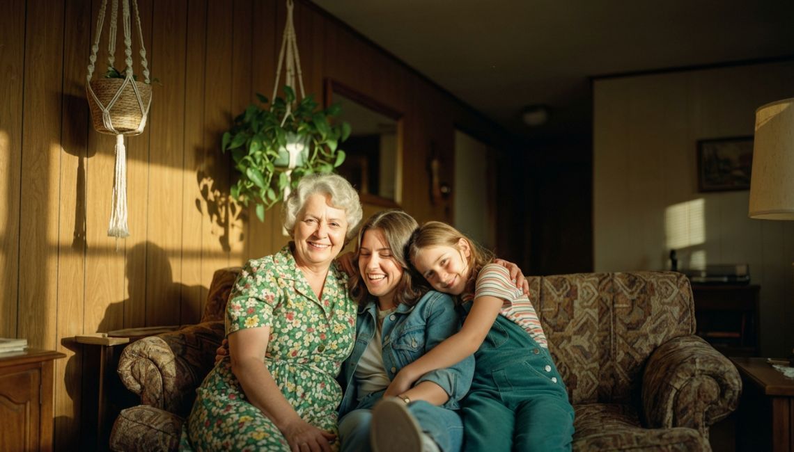Tres personas abrazadas y sonrientes en un sofá vintage, con luz cálida del sol en una sala con paredes de madera y plantas colgantes.
