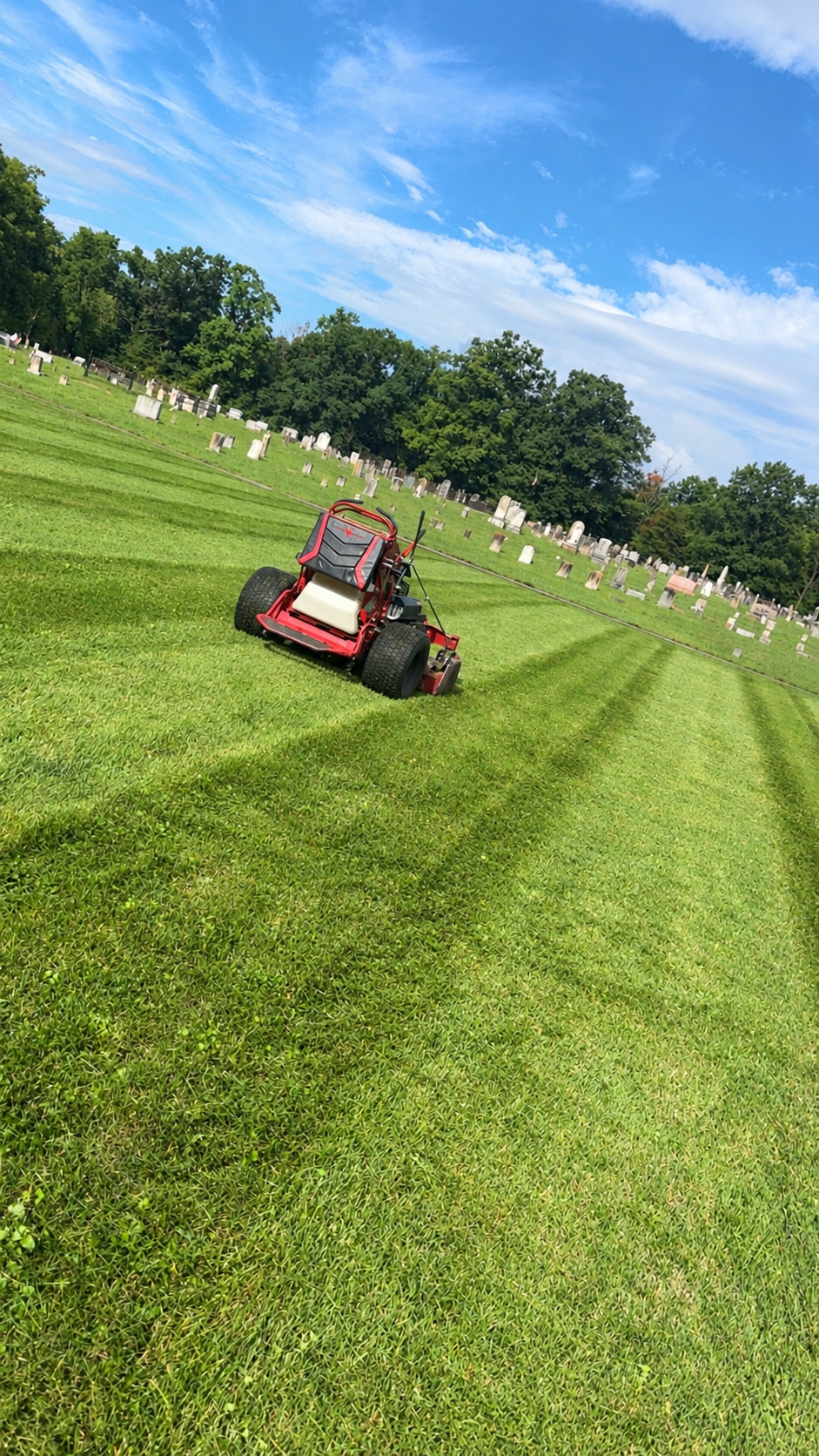Person mowing a lush green lawn with a black and lime-green riding mower in a sunny yard