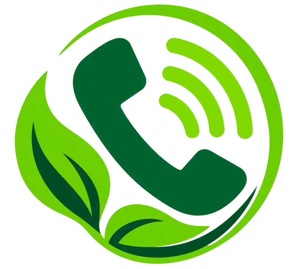 Green phone icon with wireless signal and leaf accents in a circular logo