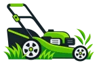 Green and black lawn mower with grass clippings, isolated on white background