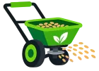 Green push spreader with black wheels dispensing pellets