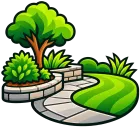 Stylized garden with a curving stone path, green lawn, shrubs, and a leafy tree