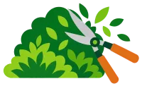 Green hedge being trimmed with orange-handled hedge shears