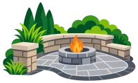 Stone fire pit with a flame, surrounded by a curved brick wall and lush green shrubs
