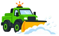 Green snowplow truck pushing snow with orange flashing lights
