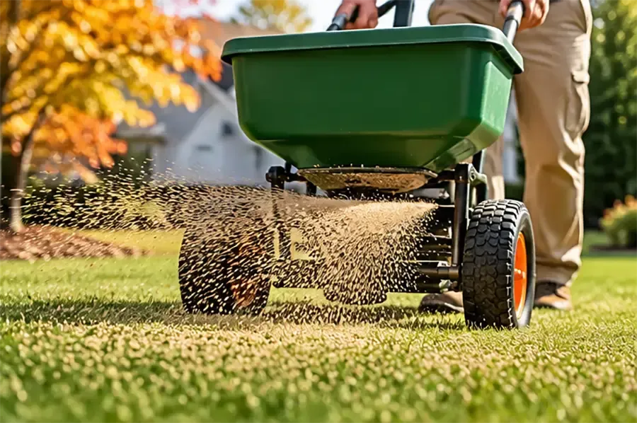 Person spreading fertilizer on a lawn with a green broadcast spreader in a sunny yard
