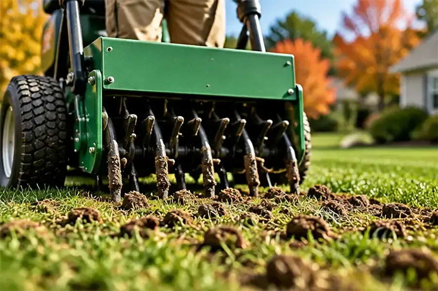 Close-up of a green lawn aerator working on a grassy yard, with soil plugs visible