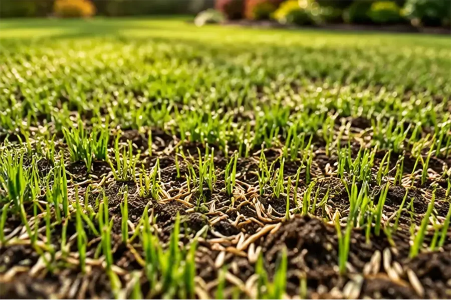 Close-up of green grass blades growing in soil, with a blurred background