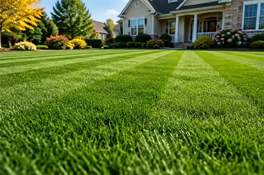 Freshly mowed green lawn leading to a suburban house with a porch and colorful landscaping