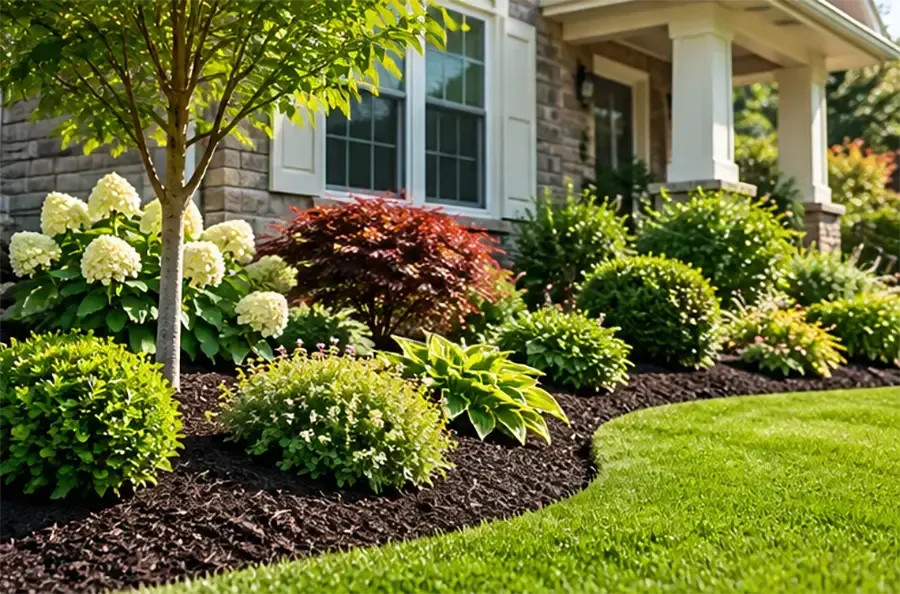 Landscaped front yard with shrubs, white flowers, and a green lawn beside a house