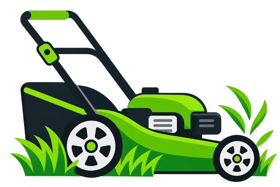 Green lawn mower with black and lime accents on grass, viewed from the side.