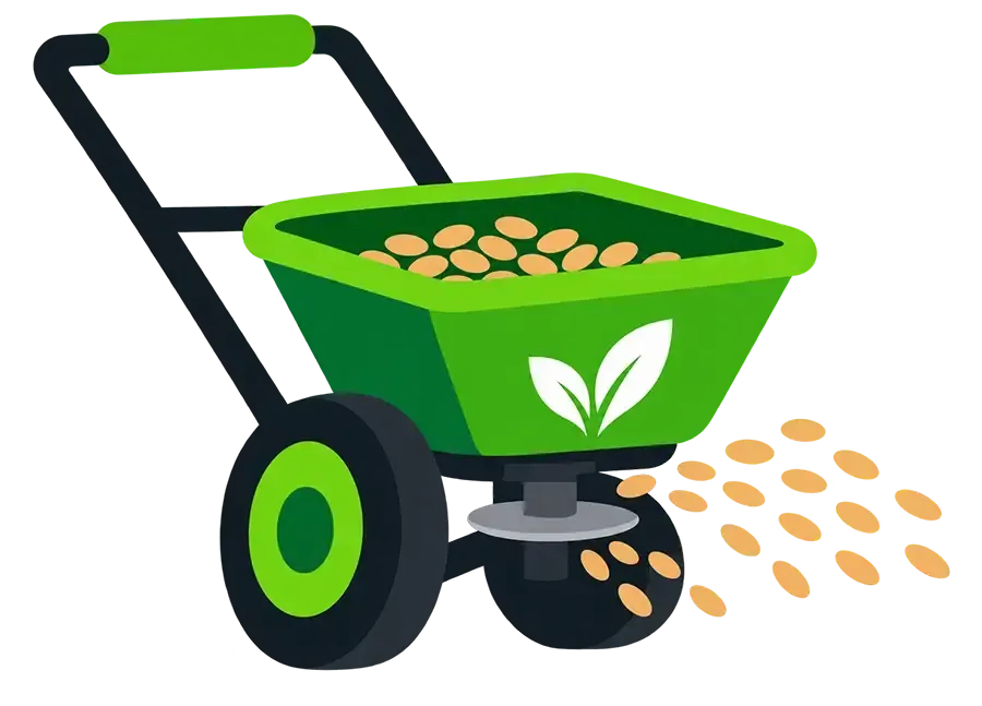 Green handcart with a hopper spilling seeds onto the ground