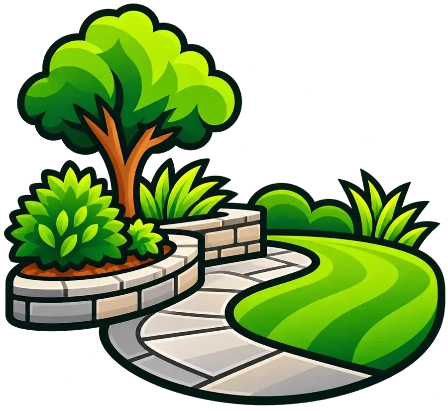 Stylized garden with a tree, shrubs, stone path, and curved green lawn
