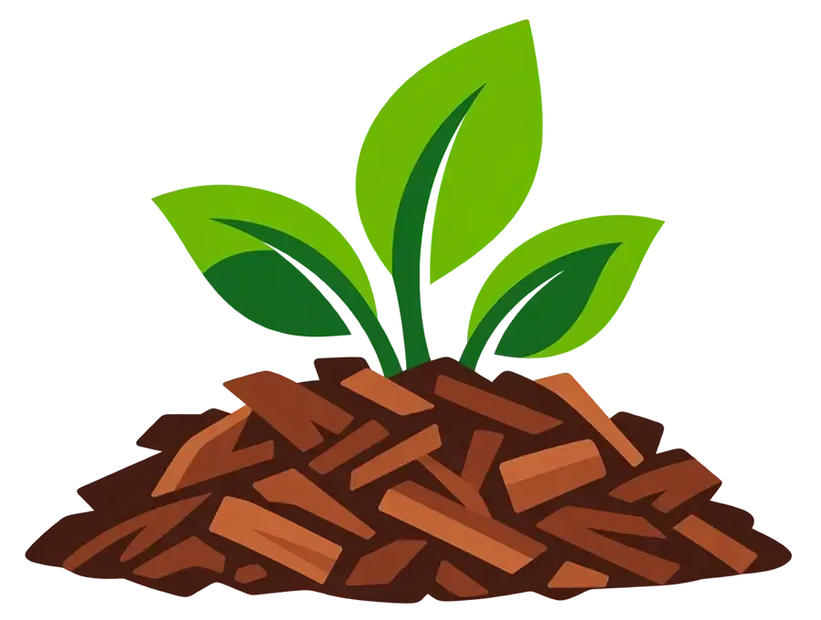 Green plant sprouting from a pile of brown mulch