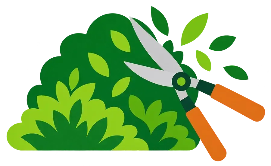 Garden shears trimming a green bush with orange handles and scattered leaves