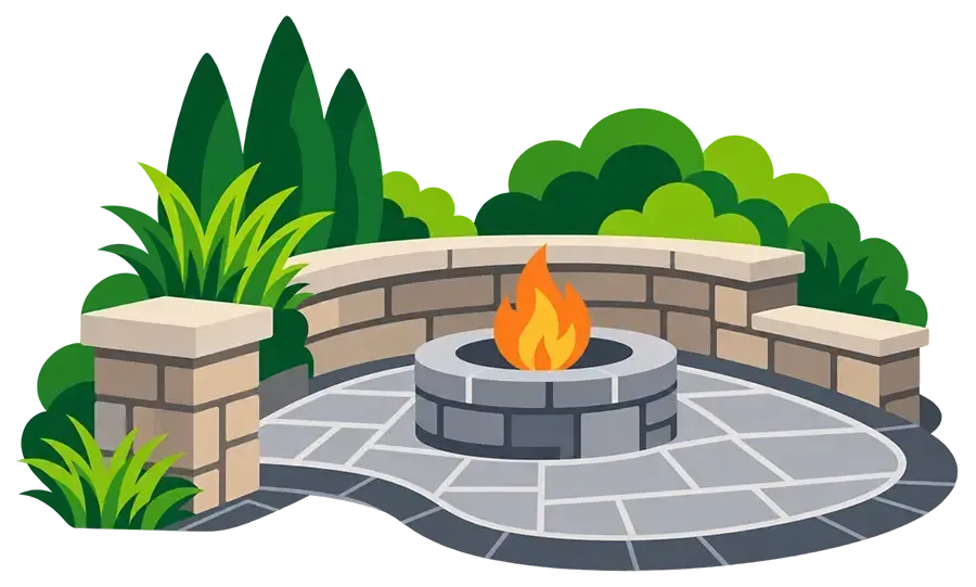 Outdoor stone fire pit with a lit flame, curved bench seating, and green shrubs behind it